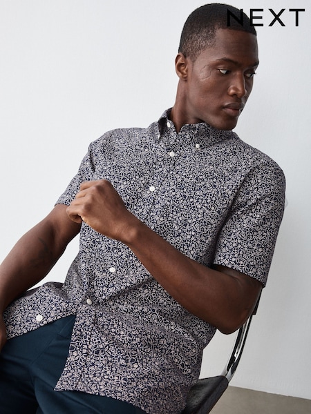Navy Floral - Regular Print Stretch Oxford Slim Fit Short Sleeve Shirt