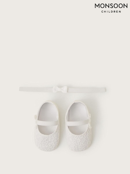 Monsoon Natural Baby Lace Booties and Bow Headband Set (H10965) | £16