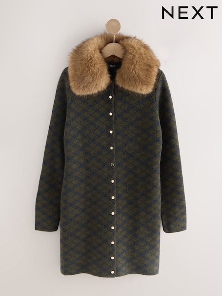 Dark Green Check Faux Fur Collar Knitted Mini Dress (H11114) | £58