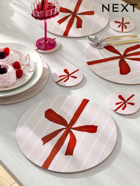 4 Piece Pink Christmas Bow Cork Back Placemats and Coasters Set (H11157) | £20