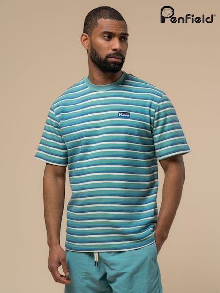 Penfield Blue Mens Wave Texture Stripe 100% Cotton T-Shirt (H11205) | £35