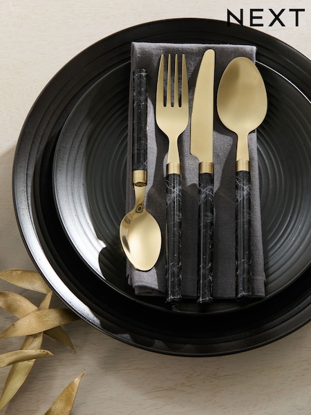 Black/Gold 16 Piece Marble Effect Stainless Steel Cutlery Set (H11258) | £22