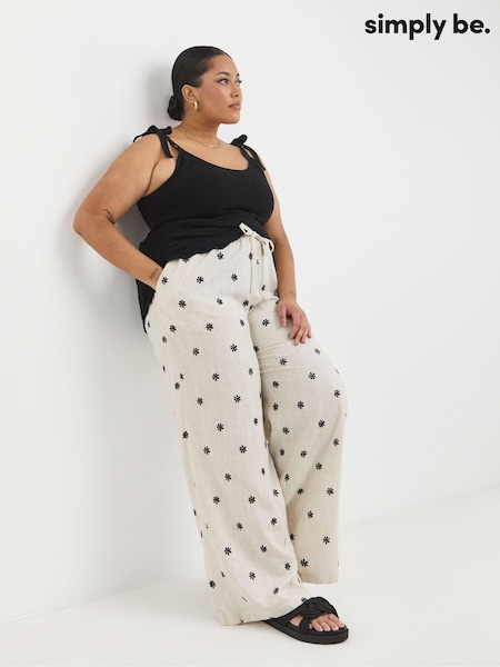 Simply Be White Embroidered Tie Waist Wide Leg Trousers (H11316) | £38