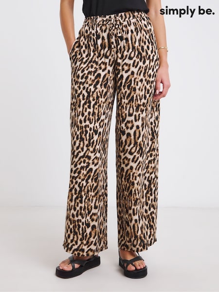 Simply Be Brown Wide Fit Tie Waist Crinkle Wide Leg Trousers (H11319) | £34