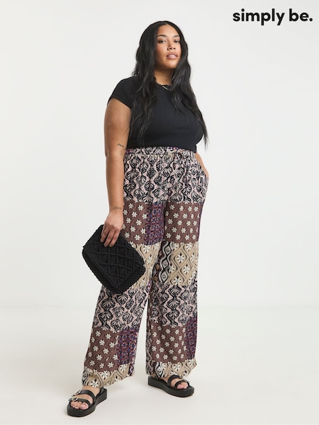 Simply Be Light Natural Wide Fit Tie Waist Crinkle Wide Leg Trousers (H11320) | £34