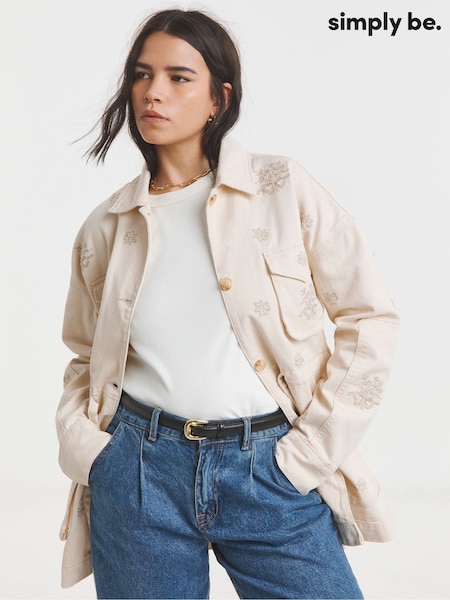 Simply Be Natural Floral Embroidered Utility 100% Cotton Jacket (H11322) | £50
