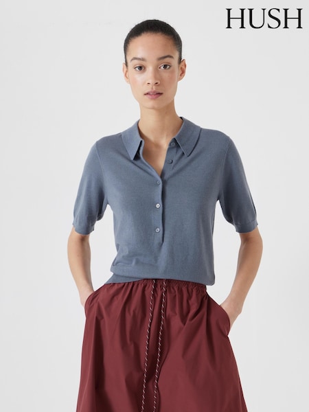 Hush Blue Fine Knit Short Sleeve Polo Top (H11524) | £70