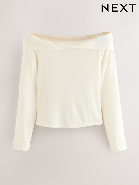 Ecru Off-The-Shoulder Twist Long Sleeve Top with TENCEL™ Lyocell (H11673) | £18