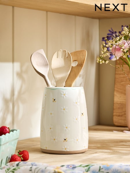 Natural Floral Ceramic Utensil Pot (H11699) | £18