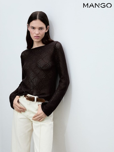 Mango Chocolate Brown Openwork Knit Crochet Cotton Sweater (H11762) | £36