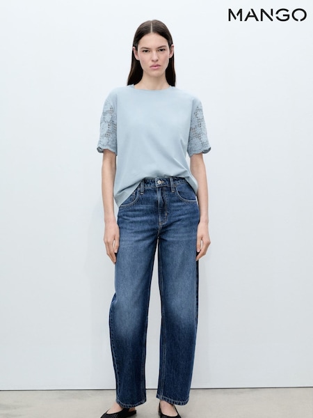 Mango Blue Crochet Sleeve Cotton T-Shirt (H11779) | £23