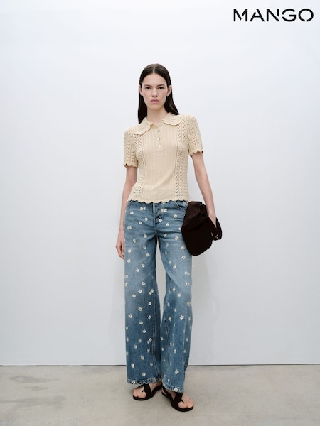 Mango Blue Flower Embroidered Wideleg Jeans (H11796) | £60