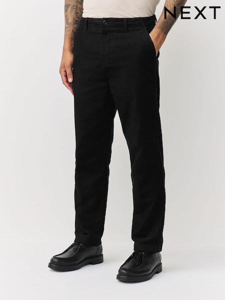 Black Regular Tapered Fit Authentic Cotton Rich Corduroy Trousers With Stretch (H11833) | £35