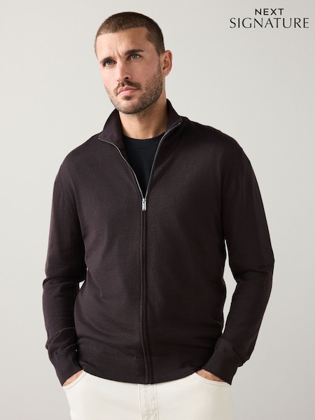 Brown Regular Fit Signature 100% Merino Wool Light Weight Zip-Through Cardigan (H11862) | £48