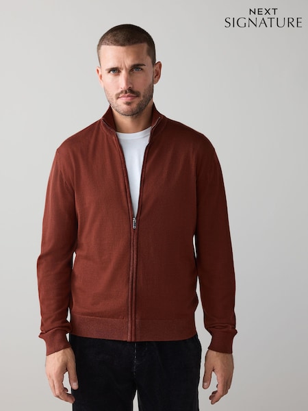 Burnt Orange Regular Fit Signature 100% Merino Wool Light Weight Zip-Through Cardigan (H11863) | £48