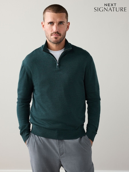 Green Regular Fit Signature 100% Merino Wool Zip Neck Jumper (H11866) | £42