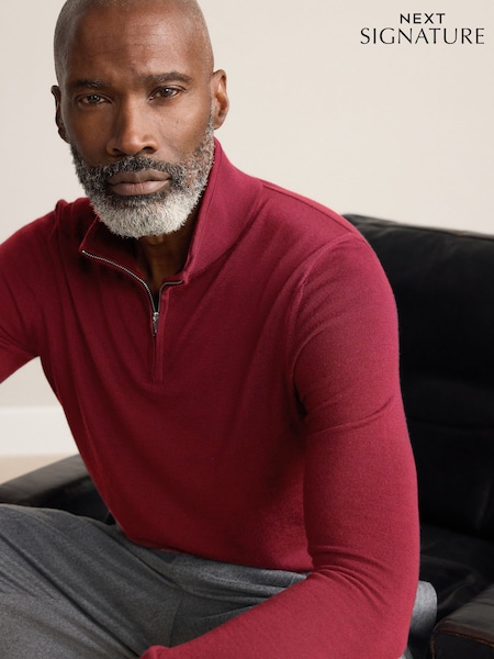 Red Zip Neck Regular Fit Signature 100% Merino Wool Zip Neck Jumper (H11868) | £42