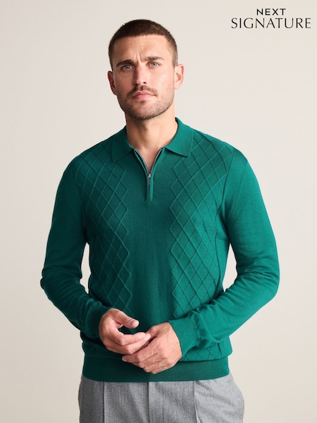 Teal Blue Regular Fit Signature 100% Merino Wool Quarter Zip Long Sleeve Polo Shirt (H11871) | £52