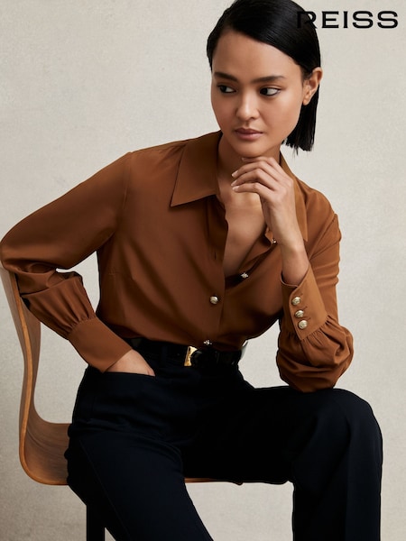 Reiss Tan Brown Gianna Silk Embossed-Button Shirt (H11903) | £218