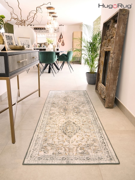 Hug Rug Gold and Grey British Made Washable Baroque Runner (H11904) | £195