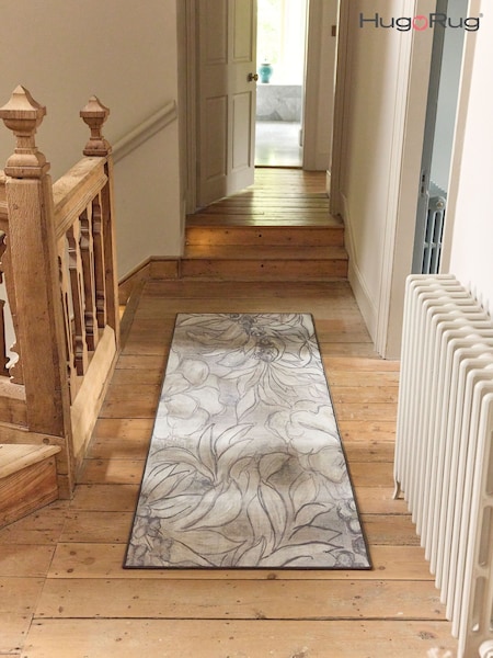 Hug Rug Natural and Grey British Made Washable Art Floral Print Runner (H11905) | £195