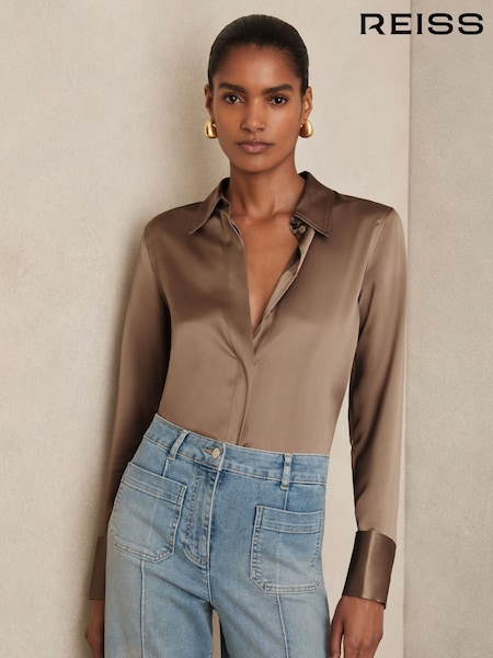 Reiss Taupe Brown Ameira Silk-Satin Concealed-Placket Shirt (H11907) | £198