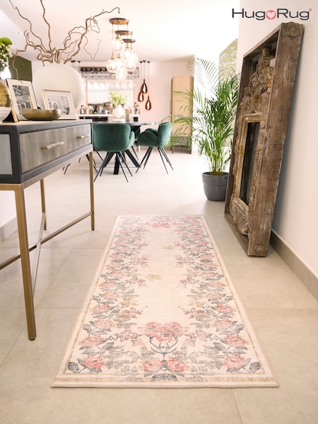 Hug Rug Cream and Floral Print British Made Washable Botantical Border Runner (H11914) | £195