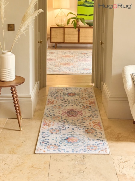 Hug Rug Beige and Blue British Made Washable Modern Damask Runner (H11916) | £195