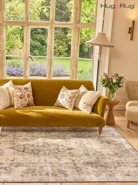 Hug Rug Gold and Grey British Made Washable Baroque Rug (H11923) | £340