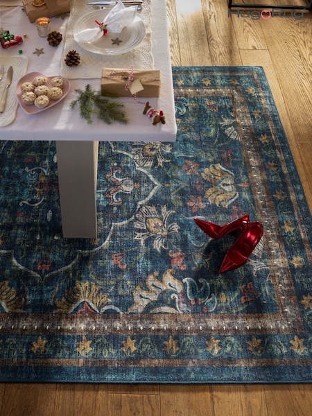 Hug Rug Navy Blue British Made Washable Baroque Rug (H11924) | £340