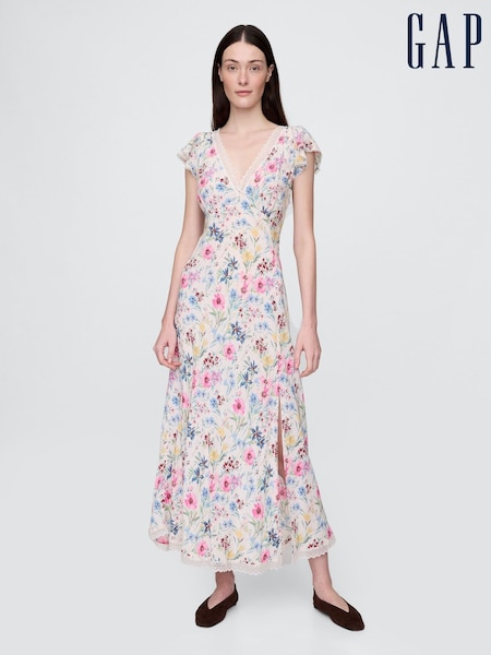 Gap White Floral Crepe Lace-Trim V-Neck Maxi Dress (H11939) | £95