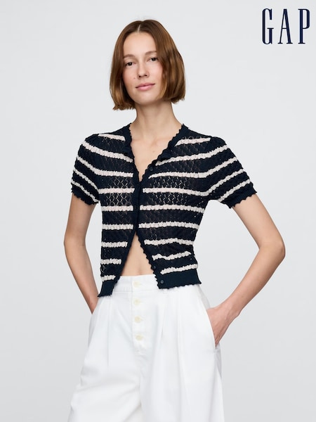 Gap Navy/White Stripe DÔEN Linen-Blend Short Sleeve Pointelle Cardigan (H11952) | £60
