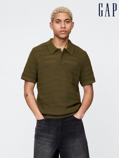 Gap Khaki Green Cotton Knit Striped Polo Shirt (H11963) | £45