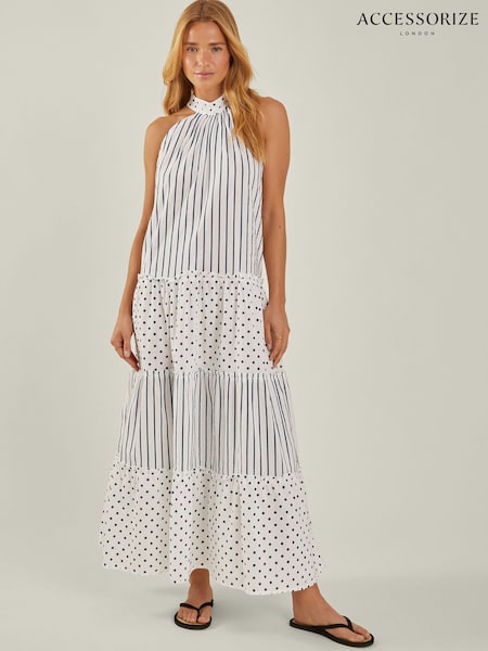 Accessorize White Polka Dot Stripe Halter 100% Cotton Maxi Dress (H11987) | £60