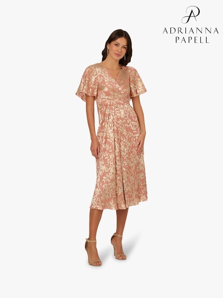 Adrianna Papell Pink Foil Leaf Draped Midi Dress (H12014) | £199