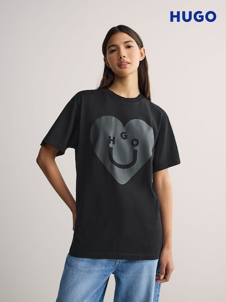 HUGO Black Oversize Vintage Tonal Heart Graphic Print T-Shirt (H12106) | £45