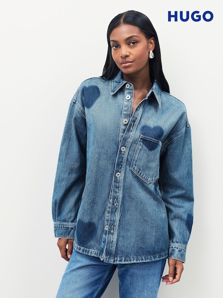 HUGO Blue Garesa Heart Print Washed Denim Shirt (H12115) | £159