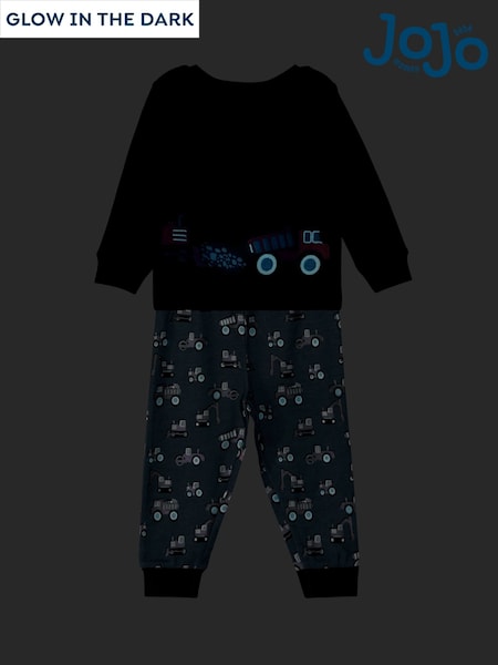 JoJo Maman Bébé Blue Construction Print Glow In The Dark Jersey Pyjamas (H12161) | £22