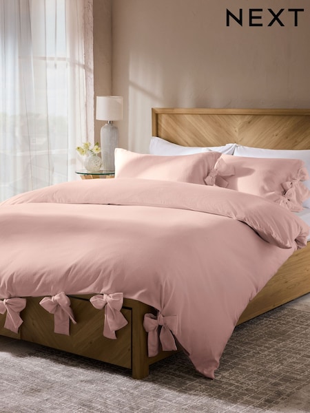Light Pink Brushed Supersoft Cotton Bow Tie Edge Duvet Cover And Pillowcase Set (H12229) | £35 - £65
