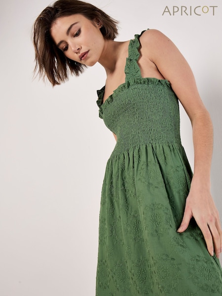 Apricot Green Embroidery Milkmaid 100% Cotton Midi Dress (H12389) | £55