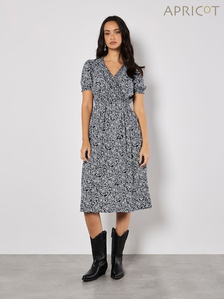 Apricot Blue Mono Floral Print Midi Dress (H12390) | £46