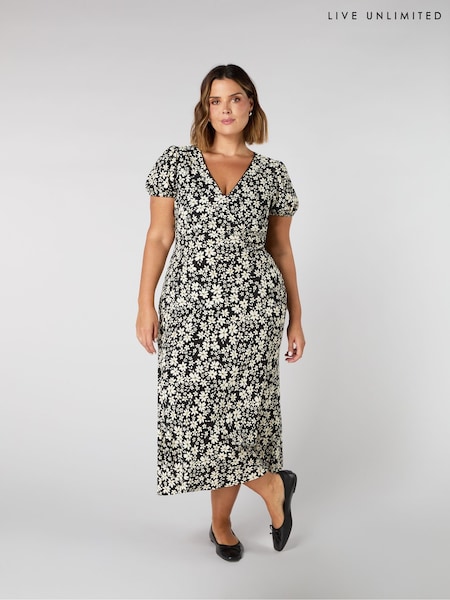 Live Unlimited Black Curve Petite Black floral Print Puff Sleeve Midi Dress (H12414) | £99
