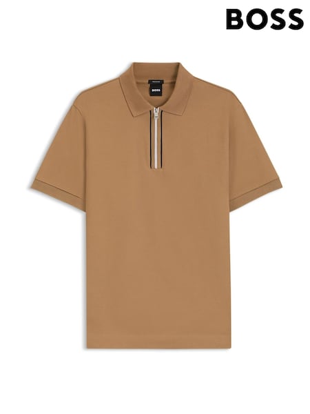 BOSS Natural Paras Zip Neck Knitted Polo Shirt (H12556) | £119