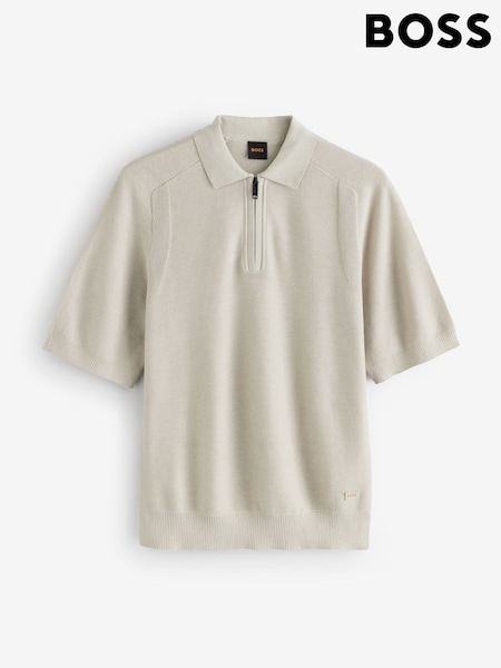 BOSS Natural Kancello Zip Neck Knitted Polo Shirt (H12572) | £139