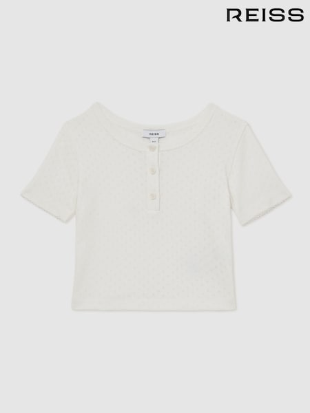 Reiss Ivory Margot Cotton Pointelle Button T-Shirt (H12677) | £31