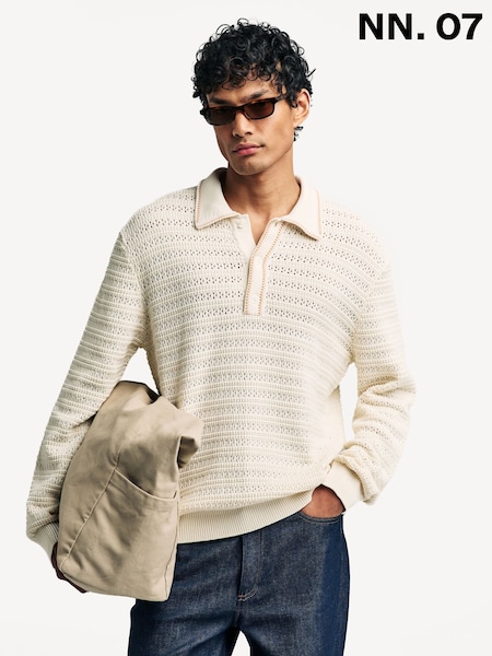 NN.07 Cream Josh Textured Long Sleeve Knit Polo Sweater (H12692) | £185