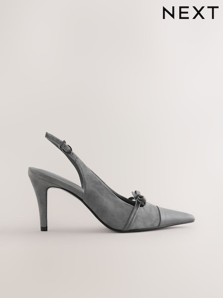 Grey Suede Forever Comfort® Leather Pointed Cutout Bow Slingback Heels (H12772) | £48