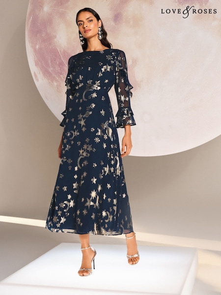 Love & Roses Navy Cosmic Metallic Ruffle Midi Dress (H12818) | £79
