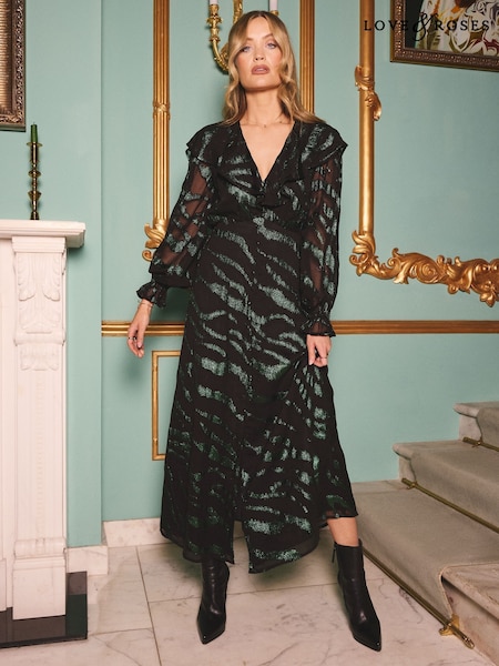 Love & Roses Black Zebra Ruffle Midi Dress (H12820) | £79
