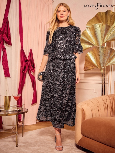 Love & Roses Silver Sequin Lace Midi Dress (H12821) | £95